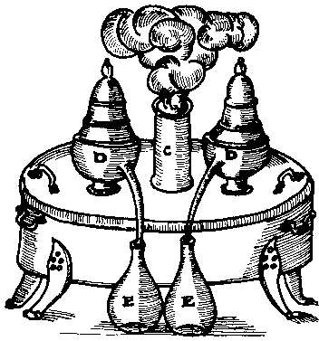 Graphic of a woodcut print showing an alchemey distillation apparatus from John French - The Art of Distillation, London 1651.